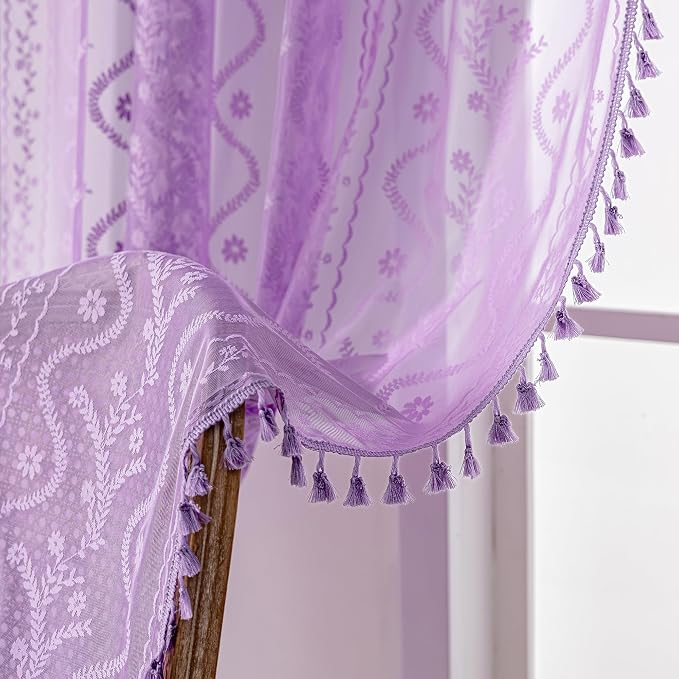 WAZZIO Boho Lace Curtains 84 Inch 2 Panels -Sheer Panel Drape Floral Pattern & - Image 6