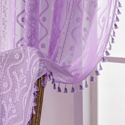 WAZZIO Boho Lace Curtains 84 Inch 2 Panels -Sheer Panel Drape Floral Pattern & - Image 6