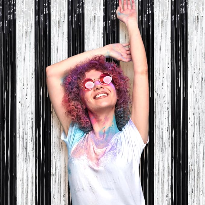 Voircoloria Black Silver Foil Fringe Backdrop Curtains, 3 Pack | Tinsel - Image 5