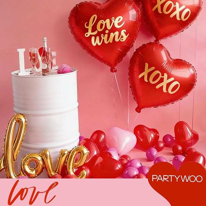PartyWoo Valentine's Balloons 15pcs 18 Inch Foil Love XOXO Red Heart Balloons - Image 3