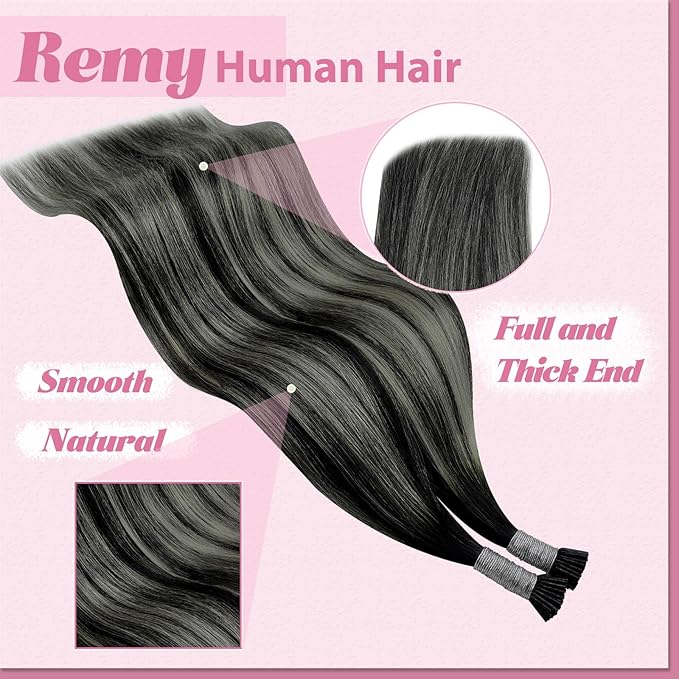 YoungSee I Tip Hair Extensions Human Hair Ombre 24 Inch Itip Hair Extensions Real Human Hair Black Balayage Silver Itip Hair Extension for Women Long Hair 50g 50s