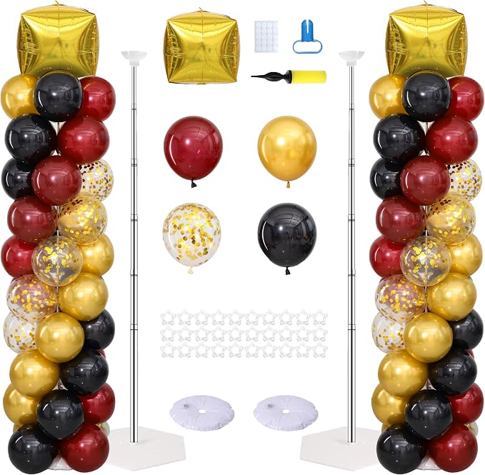 Black Burgundy Gold Balloons Column Stand 2 Sets, Balloon Towers | 102Pcs by ZyloonDecoration