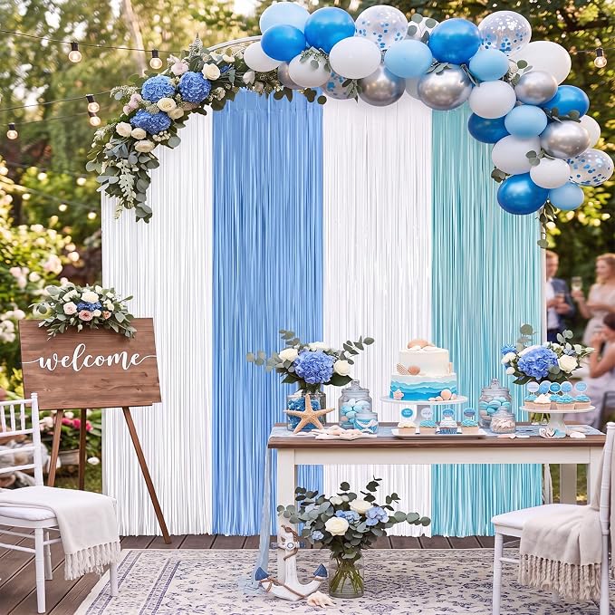 Frienda 4pcs Blue and White Party Decorations 6.6ft Fringe Curtains Decorations - Image 5