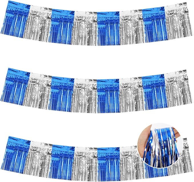 BEISHIDA Blue Silver Fringe Garland Banner 30ft Wall Tinsel Foil Streamers | by Beishida