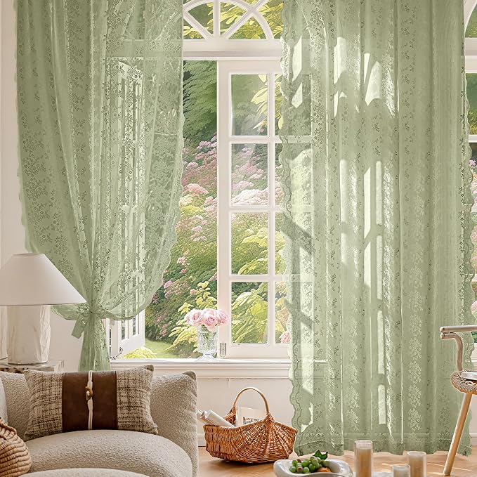 Anmao Vintage Lace Curtains 90 Inches Long 2 Panels Set, Romantic Elegant Light - Image 2