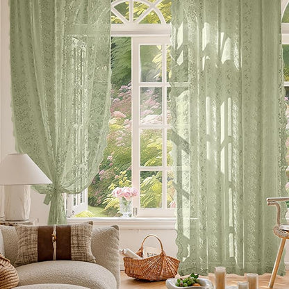 Anmao Vintage Lace Curtains 90 Inches Long 2 Panels Set, Romantic Elegant Light - Image 2