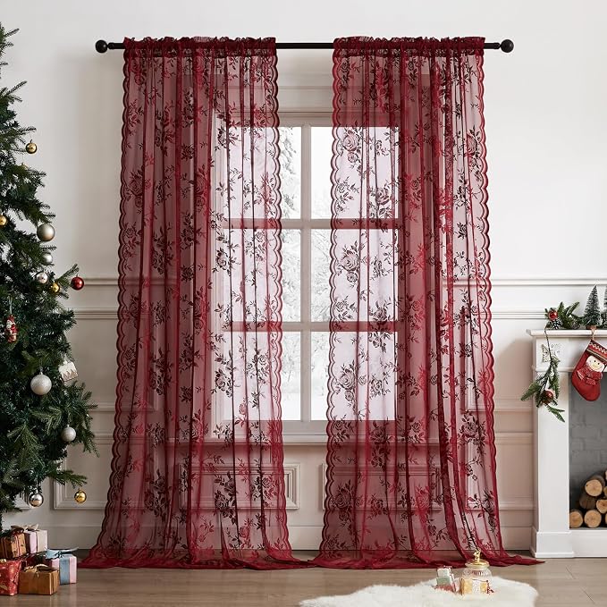 Burgundy Lace Curtains 63 Inch Length Vintage Floral Sheer Curtains 2 Panels set - Image 2