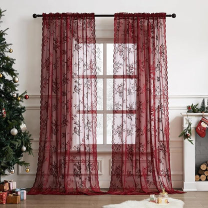 Burgundy Lace Curtains 63 Inch Length Vintage Floral Sheer Curtains 2 Panels set - Image 2