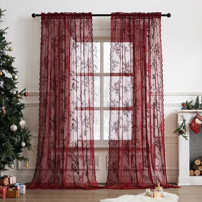 Burgundy Lace Curtains 45 Inch Length Vintage Floral Sheer Curtains - Image 2