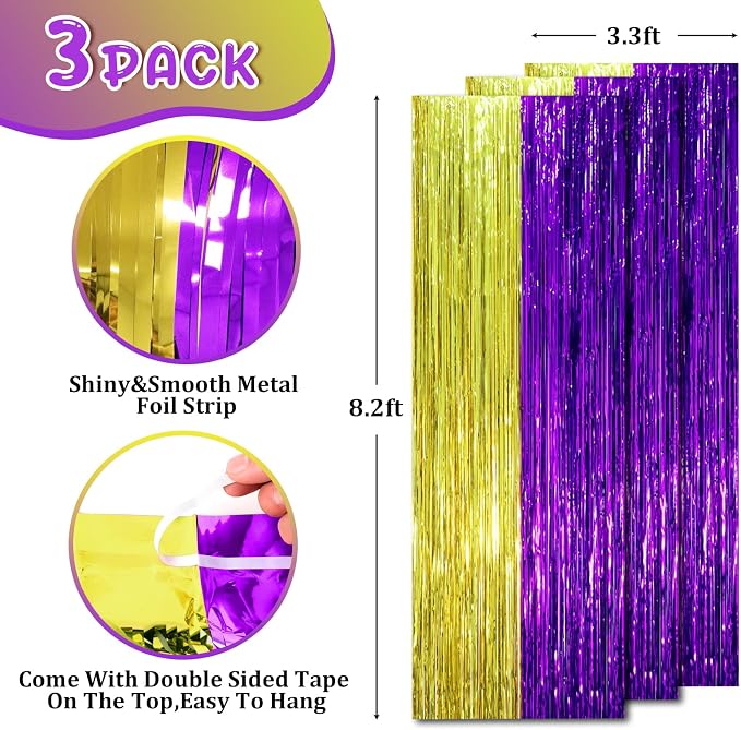 Voircoloria Purple Gold Foil Fringe Backdrop Curtains, 3 Pack | Tinsel Streamers - Image 2