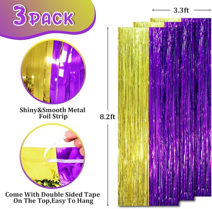 Voircoloria Purple Gold Foil Fringe Backdrop Curtains, 3 Pack | Tinsel Streamers - Image 2