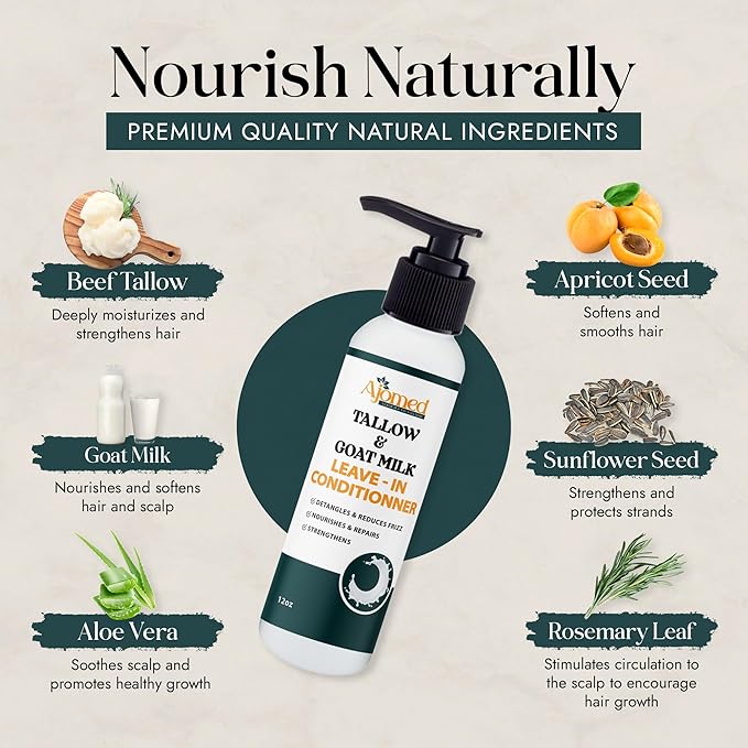 Beef tallow & Goat milk Leave-In Conditioner| Handmade hair Detangler- Anti-Frizz dreadlock moisturizer-Split Ends Breakage (12 Fl Oz)