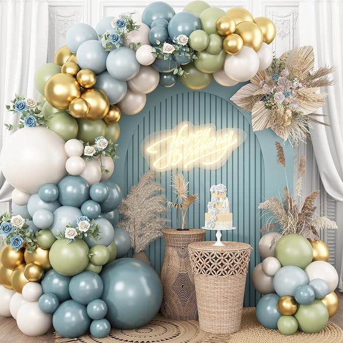 Dusty Blue Green Balloon Garland Kit, Slate Blue Haze Fog Blue Sage Green Beige by Adorely