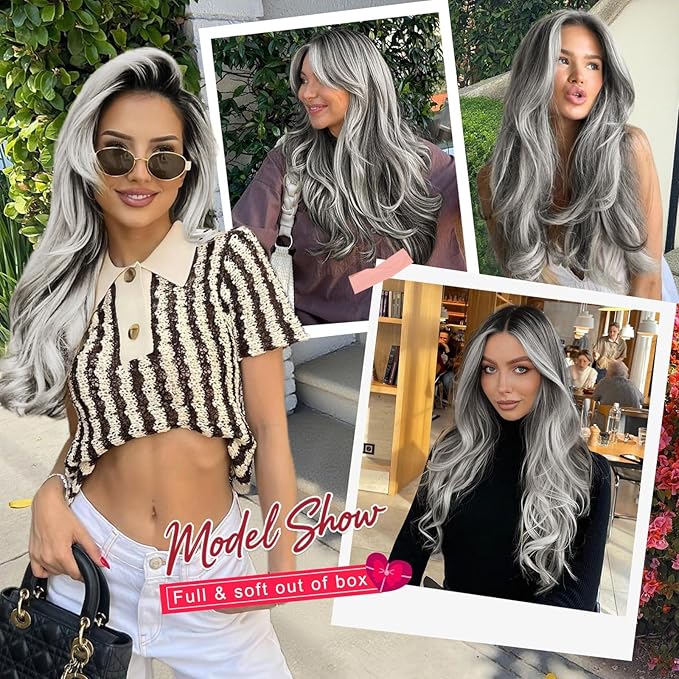 ALXNAN Long Wavy Hair Extensions for Women, Clip in Hair Extensions Clip Ins Soft Full Head Synthetic Hairpieces 20 Inch Grey/Sliver