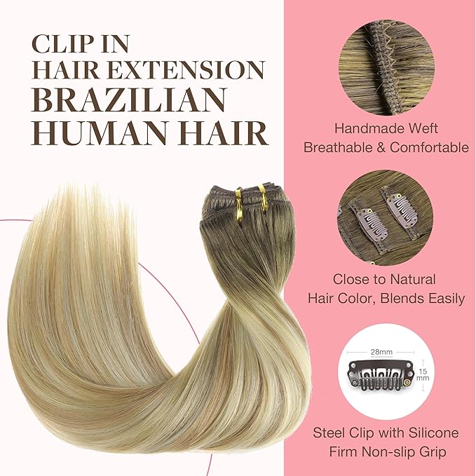 GOO GOO Clip in Hair Extensions Real Human Hair, Remy Human Hair Extensions Clip ins for Women, Natural Human Hair, 14inch 120g 7Pcs, 5A/90/16F Bahamian Balayage