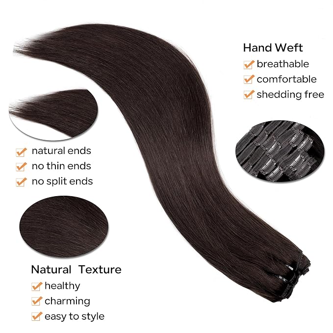 Straight Clip In Hair Extensions Real Human Hair 8Pcs Clip In Dark Brown Human Hair Extensions with 18Clips Lace Weft 120g 14inch