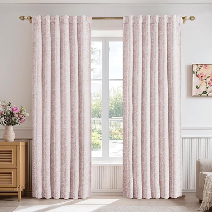 Beauoop Pink Floral Jacquard Blackout Curtains - Image 2