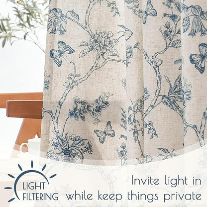 Blue Floral Linen Lined Curtains Rod Pocket 50W X 90L 2 Panels | Charlotte - Image 4
