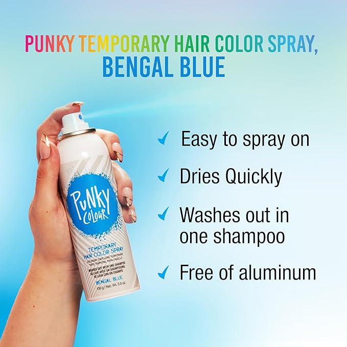 Punky Temporary Hair Color Spray, Bengal Blue, Non-Sticky, Non-Damaging, Travel Size Hair Dye for Instant Vivid Hair Color, 3.5 oz
