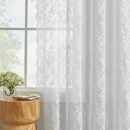FINECITY White Lace Curtains for Bedroom Rustic Floral 52x72 Inch, 2 Panels | - Image 5