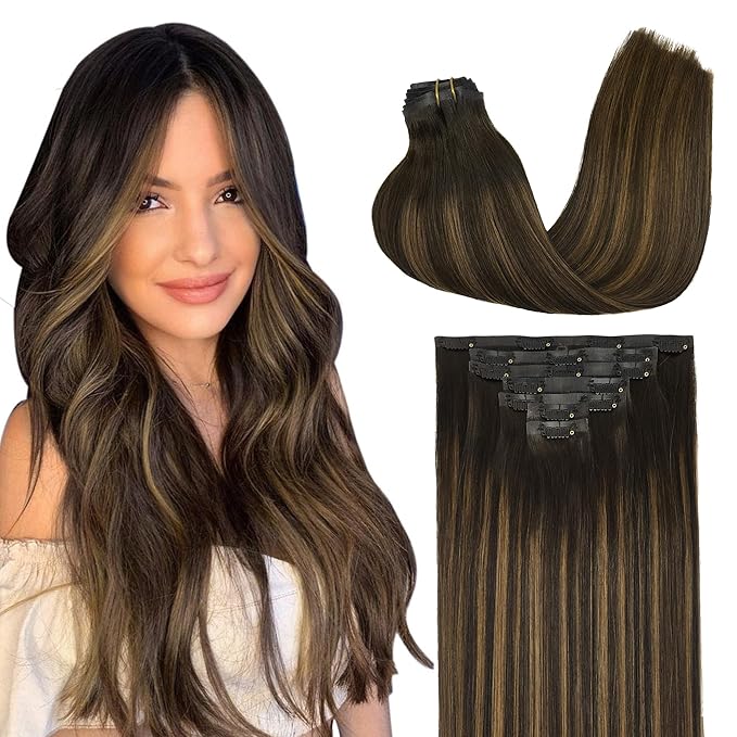 GOO GOO Clip in Hair Extensions Real Human Hair, Remy Human Hair Extensions Clip ins for Women, Natural Human Hair, 18inch 130g 7Pcs, 2/6/2 Balayage Dark Brown to Chestnut Brown