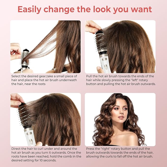 Hair Dryer Brush, 3-in-1 Rotating Round Hot Air Spin Brush Set with 2 Brushes (2" & 1.5"), Negative Ionic Blow Volumizer, 2 Detachable Auto-Rotating Curling Brush 100-120V