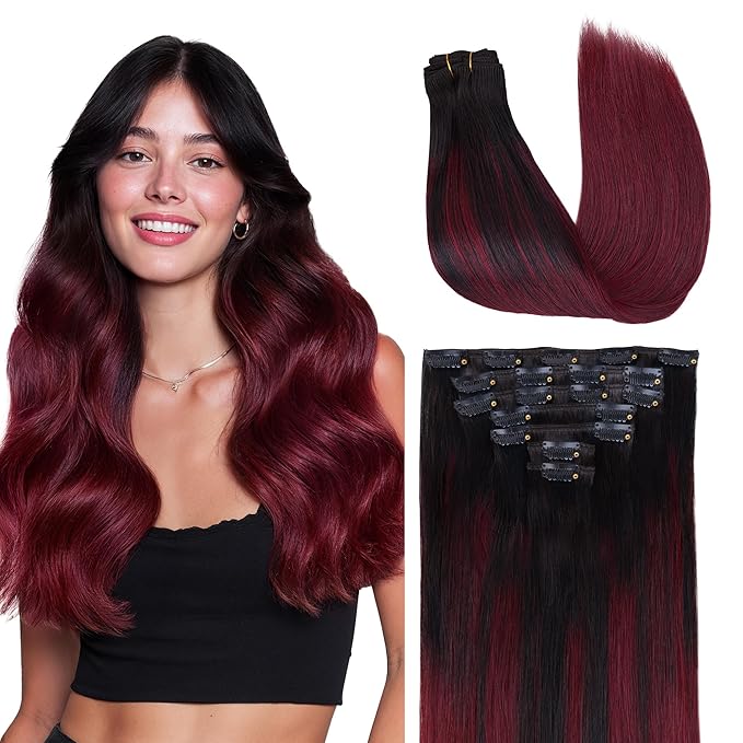 GOO GOO Clip in Hair Extensions Real Human Hair, Remy Human Hair Extensions Clip ins for Women, Natural Human Hair, 18inch 120g 7 Pcs, #1/99j Balayage Jet Black to Red