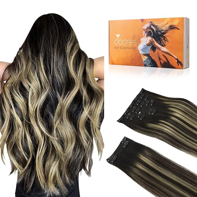 DOORES Clip in Hair Extensions, Balayage Natural Black to Light Blonde 24 Inch 9pcs 150g, Extensions Human Hair Natural Clip in Human Hair Extensions Clip ins Remy Hair Extensions Sliky Straight Thick