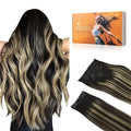 DOORES Clip-in Hair Extensions Real Human Hair, Balayage Natural Black to Light Blonde 18 Inch 150g 9pcs, Clip-in Extensions Human Hair Natural Thick