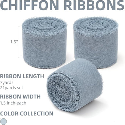 KEOSREE 3 Rolls Dusty Blue Handmade Chiffon Ribbon, 1.5" x 21Yd Frayed Fringe - Image 2