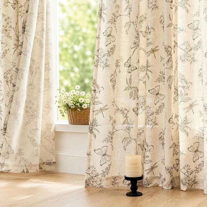 Taupe Floral Linen Curtains Farmhouse Rod Pocket 50W X 90L 2 Panels | Charlotte - Image 4