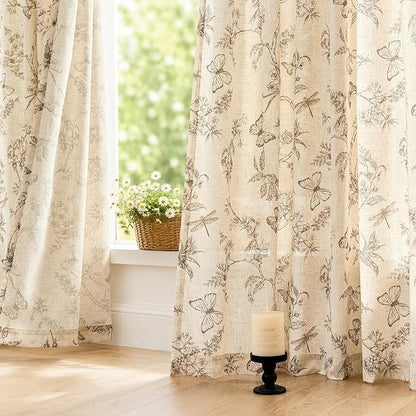 Taupe Floral Linen Curtains Farmhouse Rod Pocket 50W X 90L 2 Panels | Charlotte - Image 4