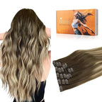 DOORES Clip in Human Hair Extensions, Balayage Walnut Brown to Ash Brown and Bleach Blonde 135g 7pcs 16 Inch, Thick Real Hair Extensions Clip in Natural Straight Weft for Birthday