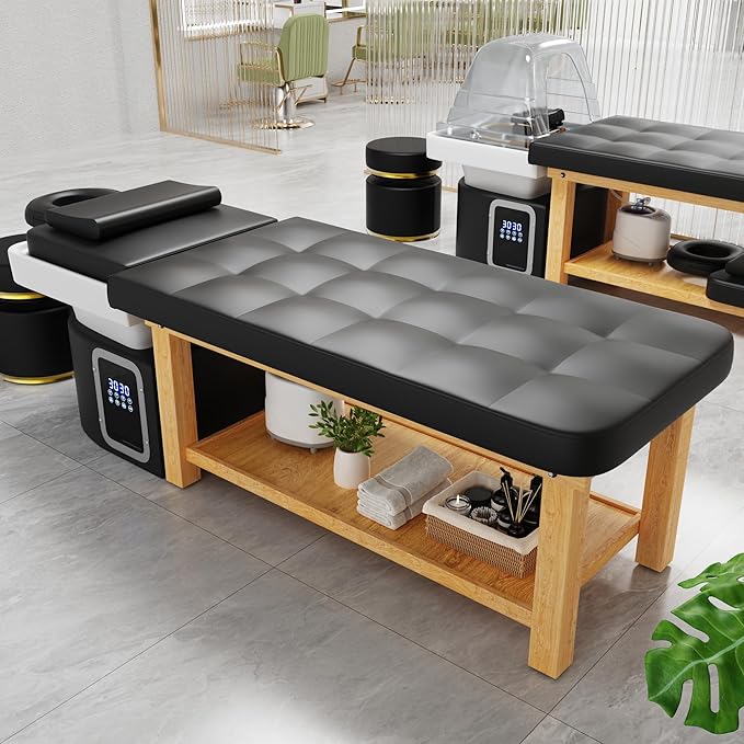 Hair Washing Head Spa Stationary Massage Table with Water Cycle & Fumigation Salon Equipment for Beauty Head Spa Physical Therapy Massage, Wood Frame, PU Leather - Black