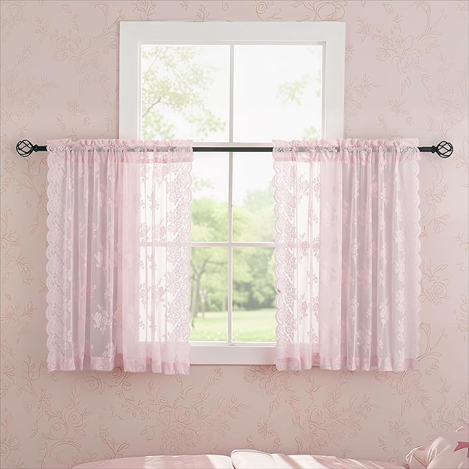 Kotile Short Pink Lace Curtains Rustic Floral W42 x L45 Inch, 2 Panels | Rod - Image 4