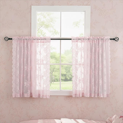 Kotile Short Pink Lace Curtains Rustic Floral W42 x L45 Inch, 2 Panels | Rod - Image 4