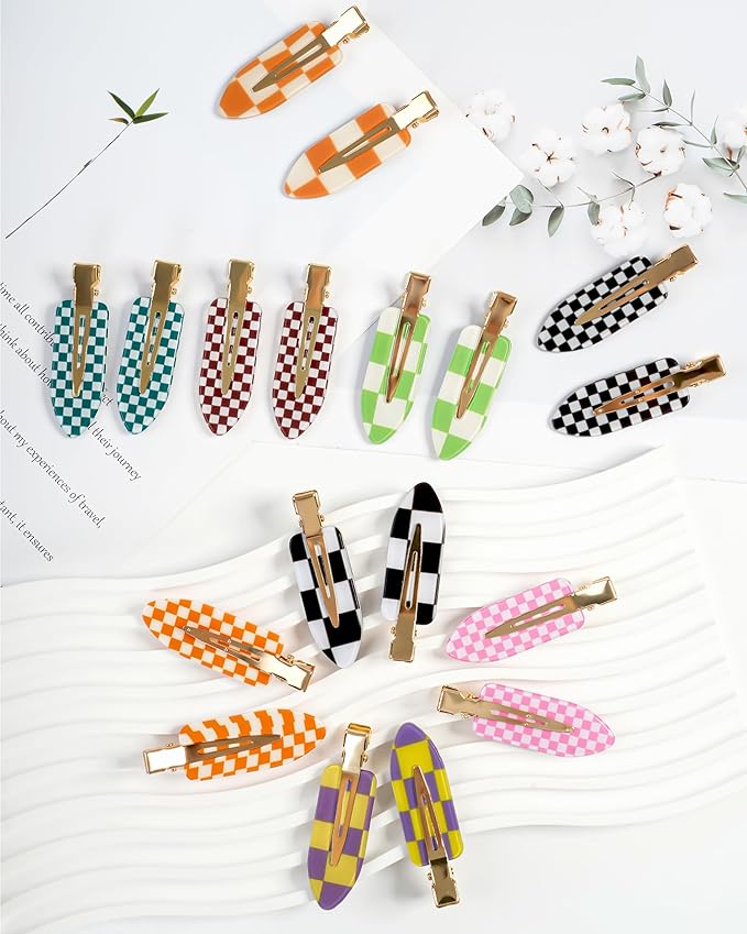 No Crease Hair Clips, 18 Pcs Checkerboard No Bend Clips, Acrylic Resin Styling Makeup Creaseless Flat Clips for Women Girls