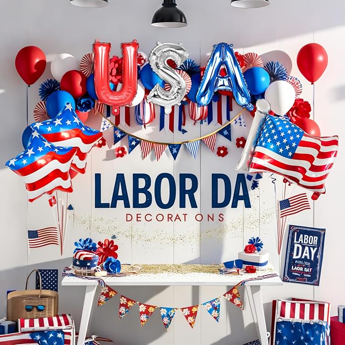 4th of July Decorations USA Letter Balloons Red Silver Blue - Image 7