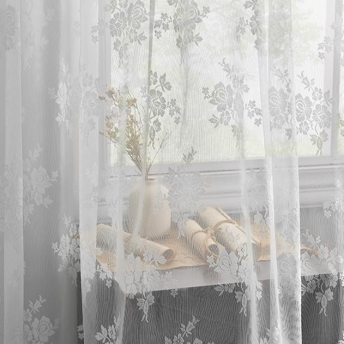 Kotile White Lace Curtains for Bedroom Country Floral 42 x 63 Inch 2 Panels | - Image 4