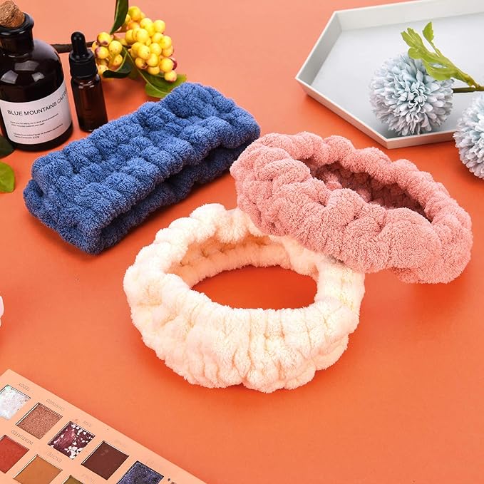 Chuangdi 3 Pieces Spa Headband for Women Facial Makeup Headband Soft Terry Cloth Hairband for Washing Face Mask Spa Shower Gifts(Dark Pink, Dark Blue, Milky-White)