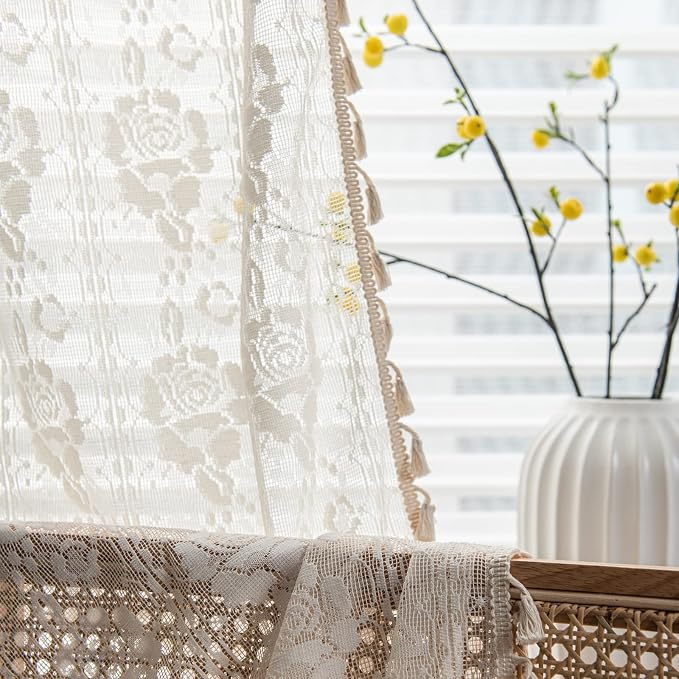 Sutuo Home Beige Boho Curtains for Bedroom Kid's Room, Bohemian Crochet Floral - Image 8