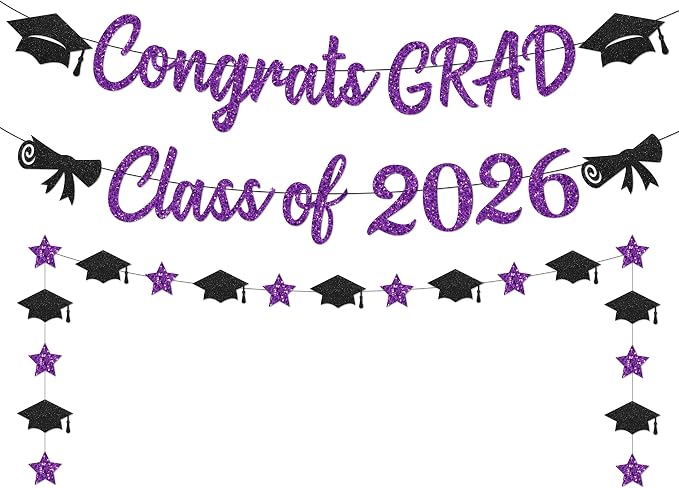 Black and Purple Graduation Banner, Glitter Purple Graduation Decorations Banner by Unknown