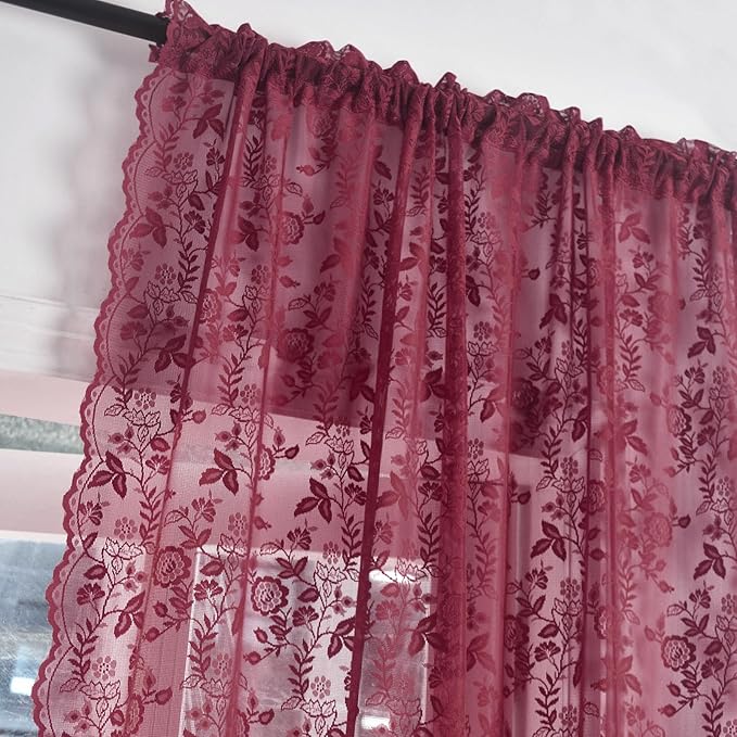 FINECITY Burgundy Lace Curtains Rustic Leaf Floral 52 x 84 Inch, 2 Panels | Rod - Image 4