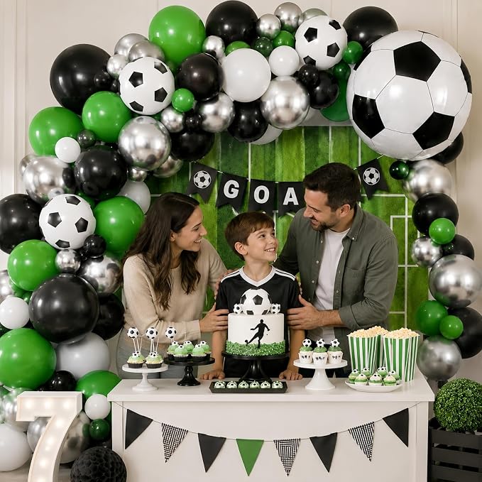 Soccer Balloons, 12 Inch Green Black White Metallic Silver Latex Balloons - Image 5