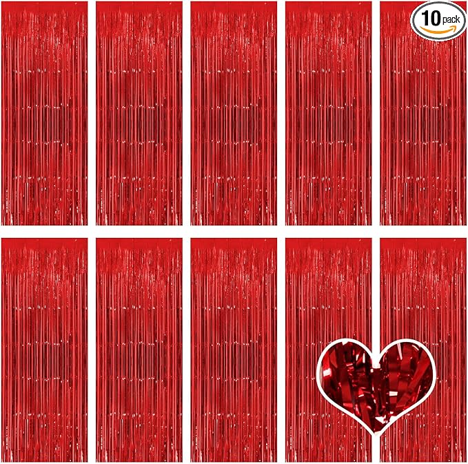 10 Pack Red Backdrop Curtain 3.2ft x 8.2ft Metallic Tinsel Foil Fringe Curtains by Ohiyoo