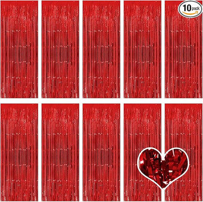 10 Pack Red Backdrop Curtain 3.2ft x 8.2ft Metallic Tinsel Foil Fringe Curtains by Ohiyoo