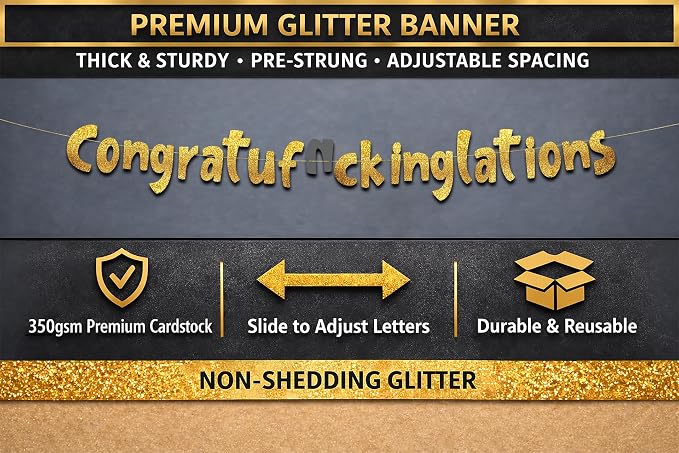 Pre-Strung Congratulations Party Gold Glitter Banner - Image 3