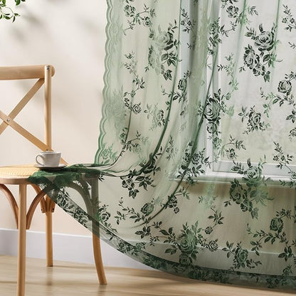 Leaf Green Lace Curtains 54 Inch Length 2 Panels Set Country Floral Sheer - Image 5