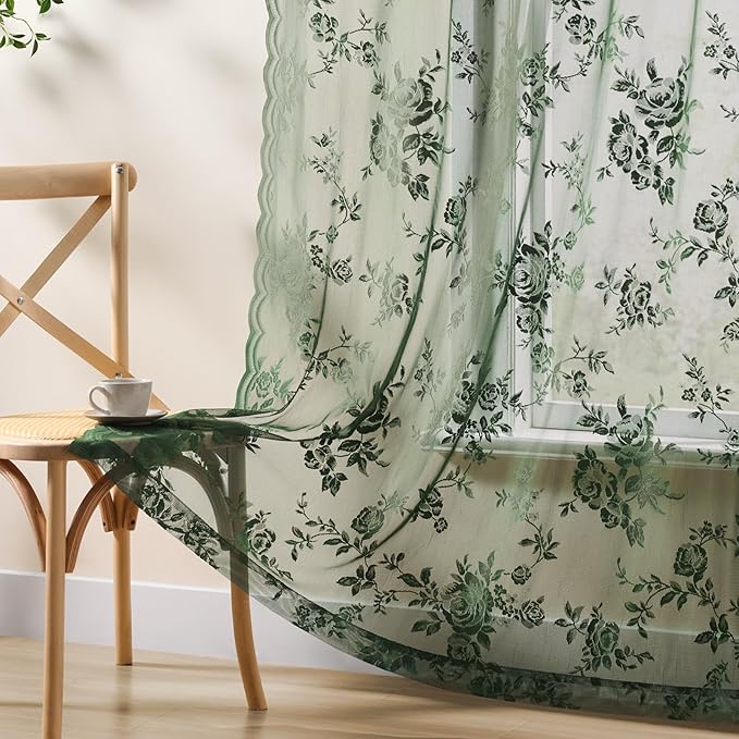 Leaf Green Lace Curtains 90 Inch Length 2 Panels set Victorian Floral Sheer - Image 5
