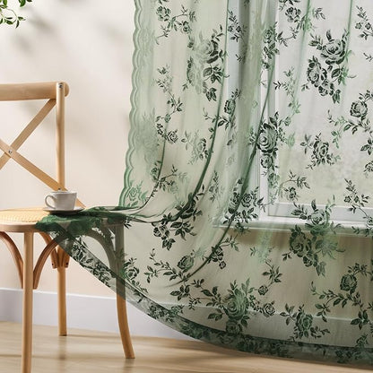 Dark Green Lace Curtains 102 Inches Long 2 Panels Sheer Floral Curtains - Image 5